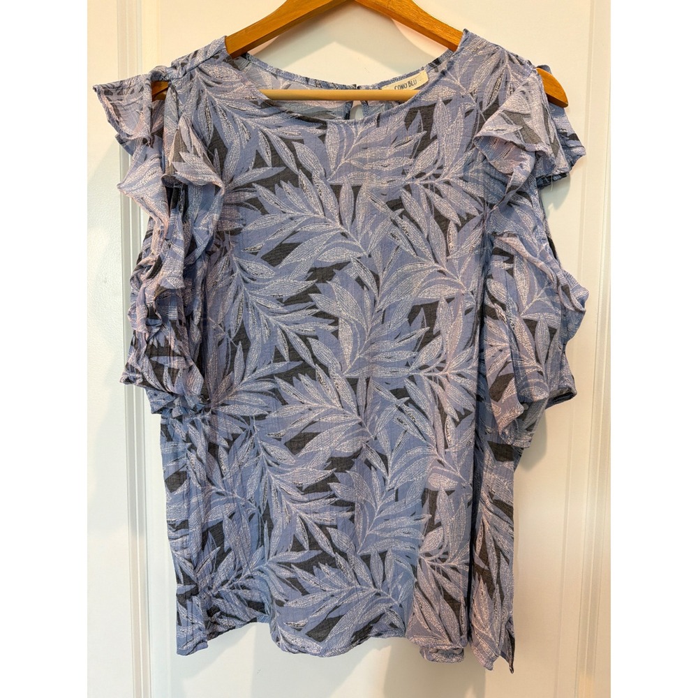 Como Blu Womens XL Cold Shoulder Ruffle Top Blue Leaf Print Blouse H2U147BLU